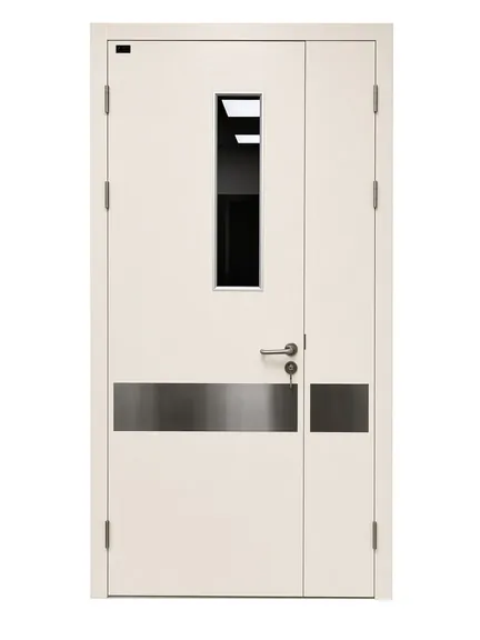 Double-leaf door with vision panels and kick plates