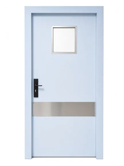 Single swing door with vision panel and kick plate