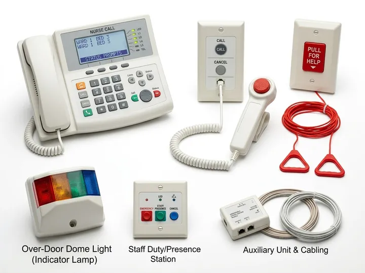 Wired nurse call handset, call points, dome light and cabling